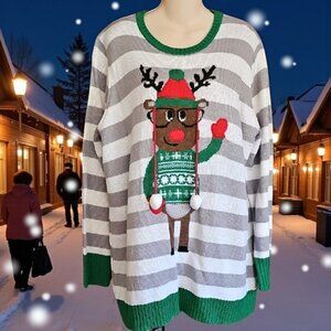 Tiara International Striped Reindeer Christmas Sweater Ugly X-mas knit Plus #X